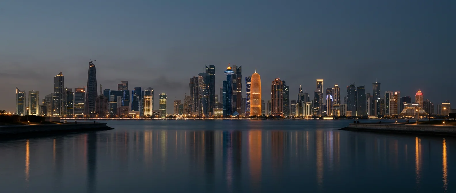 أفق العاصمة الدوحة وأبراج الخليج الغربي على مياه الكورنيش
